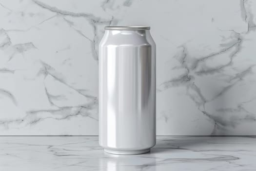 A simple, clean-lined white beverage can stands out against a sleek, marble-patterned background, creating a sophisticated and visually appealing product composition