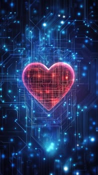 Red digital heart in cyberspace. Virtual reality, programming and information technology of the future. Artificial intelligence, code data and cybersecurity. St. Valentine's Day love concept.