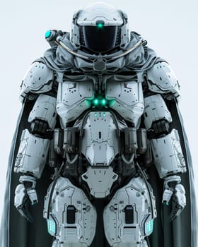 A highly advanced, sleek robotic exosuit with intricate mechanical components and glowing green accents, conveying a sense of power and technological innovation