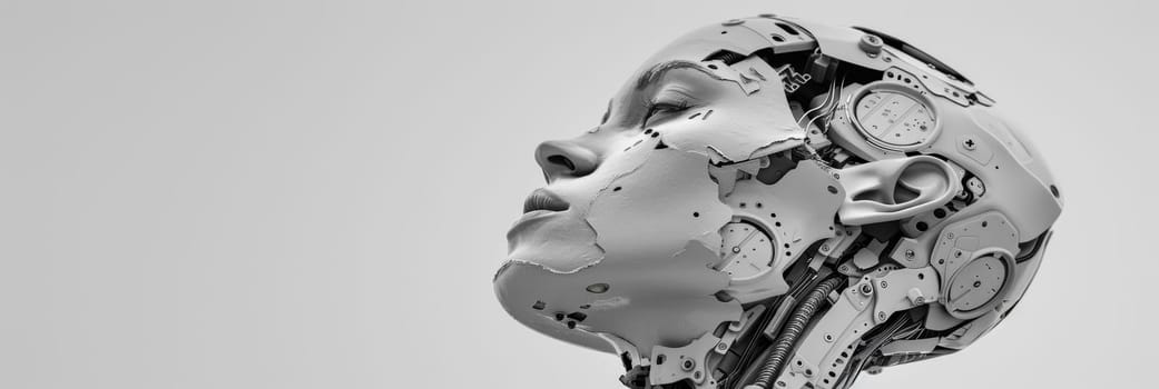 A highly detailed, futuristic robotic face displays a contemplative, almost pensive expression, conveying a sense of advanced technological innovation and introspection