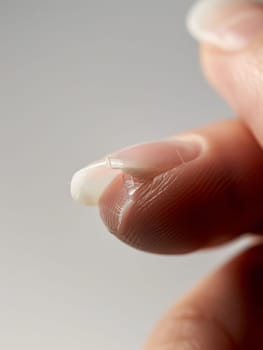 A close-up image of a fingertip with severely cracked and shattered glass-like nail, conveying the fragility and vulnerability of the human body