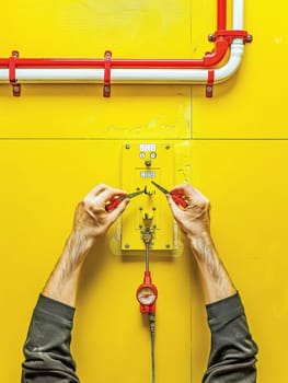 A technician carefully cuts and strips electrical wires using pliers, against a bright yellow backdrop