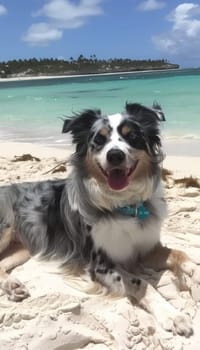 A cheerful border collie dog frolicking on a picturesque tropical beach, with crystal-clear turquoise waters and lush vegetation in the background