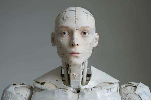 A close-up view of highly detailed, futuristic robotic face, showcasing its intricate mechanical components, sensors, and sleek metallic design, conveying a sense of advanced technological innovation