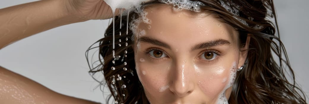 A close-up image of a woman's face covered in foamy soap suds, capturing the refreshing and rejuvenating experience of cleansing the skin.