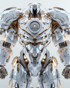 A highly complex, intricately designed robotic mechanism with a symmetrical, metallic structure featuring golden accents and glowing components, conveying a sense of advanced technological innovation