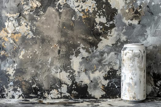 A weathered, distressed white beverage can stands out against a dramatic, abstract background of textured, mottled grays, blacks, and metallic accents, creating a visually striking