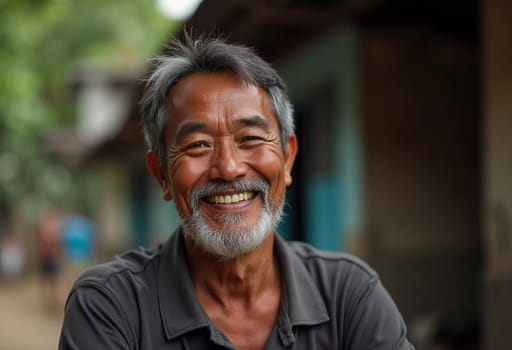 A friendly man in his golden years is seen smiling brightly, showcasing his joy and warmth. This moment captures the essence of life in a rural community in Thailand.