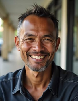 A joyful resident of Thailand smiles warmly at the camera, showcasing his happiness. He is outdoors, basking in the sunlight and enjoying the lively ambiance of his surroundings.
