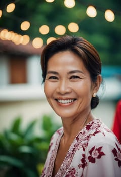 A cheerful woman in traditional clothing smiles warmly at a gathering in Thailand. The backdrop features soft glowing lights, enhancing the joyful atmosphere of the event.