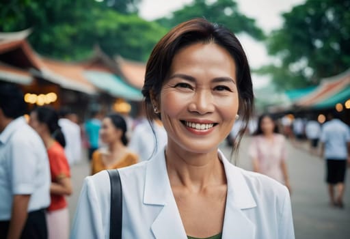 A cheerful woman in her forties, dressed in a white outfit, shares a smile at a bustling market in Thailand.