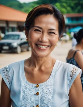 A cheerful woman in her 50s stands smiling in a lively outdoor scene in Thailand, surrounded by people and beautiful lush greenery. She radiates warmth and joy.