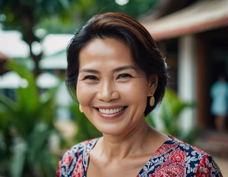A joyful resident of Thailand shares her warm smile while wearing a colorful traditional outfit. Surrounded by lush greenery, she embodies the vibrant spirit of local culture on a sunny day.