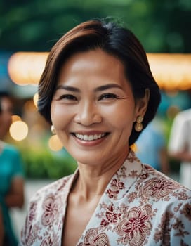 A joyful woman, dressed in elegant traditional attire, smiles warmly while surrounded by the lively atmosphere of Thailand. The setting is filled with colors and people, reflecting local culture.