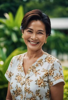 A woman in her forties enjoys a sunny day in Thailand, wearing a floral shirt and smiling brightly. Surrounded by rich greenery, she exudes happiness and vibrancy.