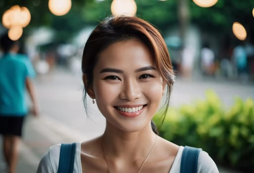 A woman in Thailand smiles brightly while standing outdoors in a lively neighborhood. Her joyful expression captures the cheerful atmosphere of the day as people walk by in the background.