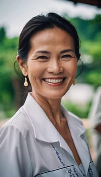 A joyful woman, approximately 50 years old, wearing traditional clothing and smiling brightly stands outdoors amidst lush greenery in Thailand. The atmosphere exudes warmth and happiness.
