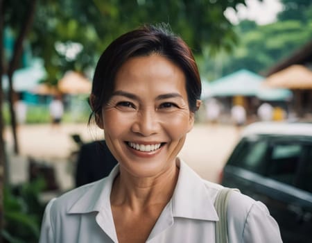 A warm and friendly woman in her 40s stands outdoors in Thailand, smiling brightly as she enjoys the bustling atmosphere of a local market filled with greenery and sunlight.