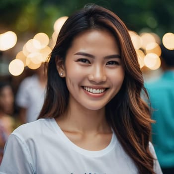 A cheerful woman smiles brightly while surrounded by a festive outdoor setting in Thailand, capturing the joy and vibrance of the moment.