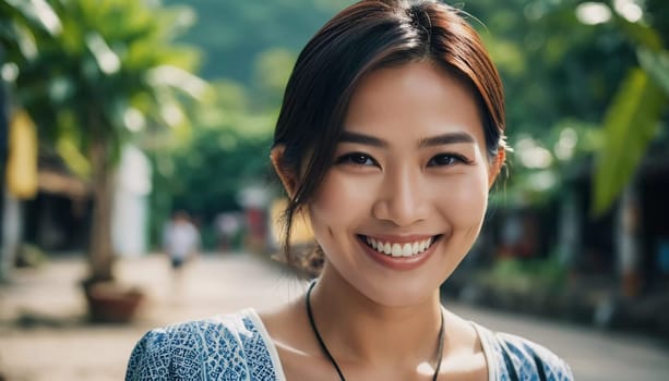 A woman in Thailand smiles brightly as she stands in her neighborhood. The vibrant greenery around her adds to the joyful atmosphere of a sunny day, reflecting her cheerful spirit.