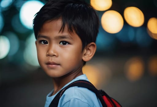 A confident young boy with dark hair and a backpack poses outdoors in Thailand during the evening. Soft, colorful lights create a warm and inviting atmosphere around him.