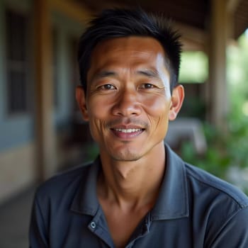 A resident of Thailand enjoys a moment of relaxation outdoors, smiling gently as sunlight filters through the surrounding greenery. The atmosphere reflects tranquility and warmth.