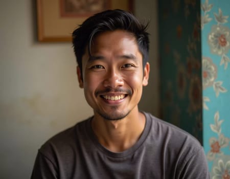 A cheerful resident of Thailand sits in a well-lit room adorned with floral wallpaper, showcasing a warm smile that radiates positivity. The atmosphere feels inviting and personal.