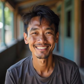 A resident of Thailand enjoys a moment of relaxation indoors. Warm natural light enhances his cheerful expression as he sits comfortably. The rustic surroundings add character.