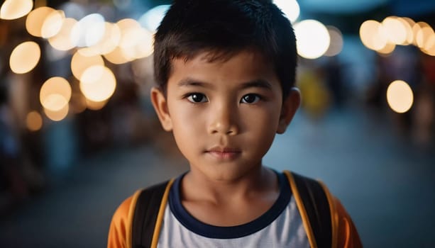A young boy residing in Thailand gazes directly at the camera with a calm expression. He wears a backpack and is surrounded by the lively atmosphere of a bustling night market with vibrant lights.