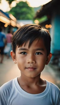 A cheerful boy stands confidently, showcasing his bright smile in a lively village in Thailand. The backdrop features softly lit stalls and a warm evening atmosphere.