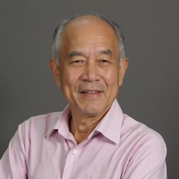 A male resident of Thailand is smiling warmly in a portrait. He has gray hair and wears a light pink shirt. The background is neutral, emphasizing his expression and demeanor.