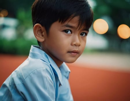 A young boy in Thailand gazes thoughtfully into the distance, wearing a light blue shirt. The soft evening light creates a serene atmosphere, highlighting his curious expression and surroundings.