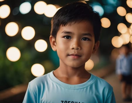 A young boy is standing still in a vibrant setting in Thailand, illuminated by soft bokeh lights in the evening. His calm expression reflects the joyful atmosphere around him.