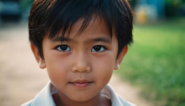 A cheerful boy with dark hair and expressive eyes stands outdoors, surrounded by greenery. The warm sun highlights his joyful demeanor in a typical Thai village setting.