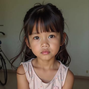 A young girl residing in Thailand with long black hair gazes directly at the viewer. She wears a light-colored top and has a serious expression on her face.