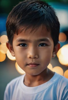 A young boy from Thailand stands confidently, wearing a white t-shirt. His serious expression contrasts with the warm, blurred lights in the background, indicating an evening event.