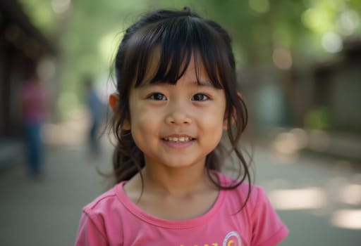 A young girl, approximately four years old, is smiling brightly in a vibrant pink shirt. She stands in a tranquil outdoor area with greenery, enjoying a sunny afternoon.