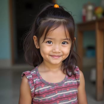 A joyful girl stands in her home in Thailand, showcasing her bright smile and playful demeanor. Her cheerful attitude reflects a warm and lively atmosphere.