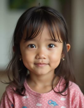 A cheerful girl with shoulder-length brown hair and expressive eyes stands indoors, wearing a pink shirt adorned with playful patterns. Her gentle smile reflects a joyful atmosphere.