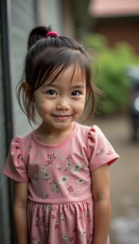 A young girl wearing a pink floral dress stands outdoors in Thailand, smiling brightly. Her playful demeanor radiates joy against a backdrop of lush greenery on a sunny day.