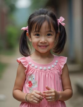 A cheerful girl with pigtails stands in a pathway surrounded by greenery in Thailand. She is wearing a pink dress with embellishments and is smiling happily, embodying the essence of childhood joy.