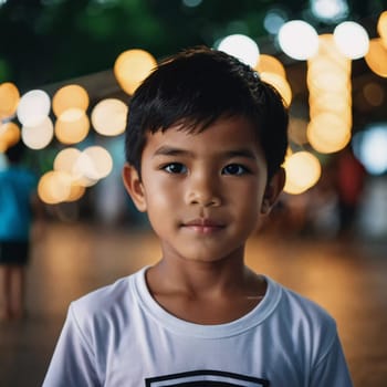 A young boy stands confidently in Thailand, surrounded by soft glowing lights. The setting suggests a cheerful atmosphere, capturing the joy of a lively evening.