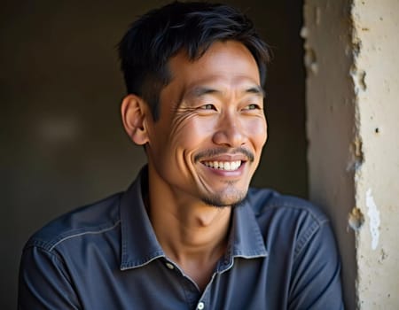 A man living in Thailand smiles warmly while leaning against a rustic wall. The setting reflects a charming blend of local architecture and relaxed ambiance.