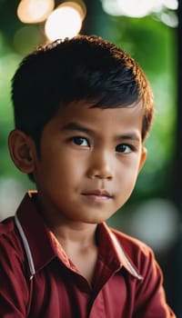 A young boy from Thailand gazes directly at the camera with a serious expression. He is dressed in a red shirt and stands in a vibrant outdoor environment filled with greenery.