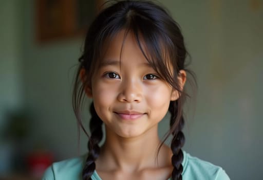 A young girl from Thailand with braided hair stands in a warm and inviting indoor space, showcasing a bright smile that reflects her cheerful personality.