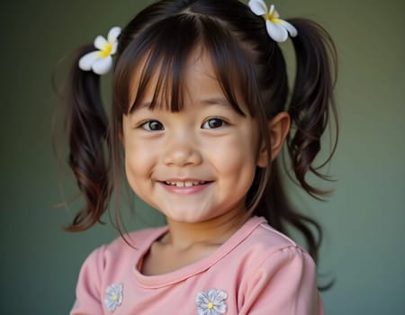 A cheerful girl, around five years old, with adorable pigtails adorned with flowers, beams with happiness against a simple background in Thailand. Her playful expression captures innocence and joy.