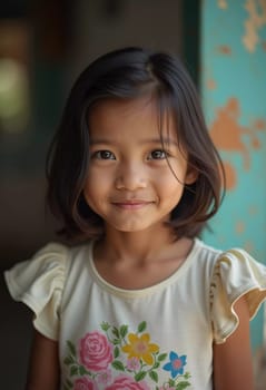 A young girl, residing in Thailand, wears a floral shirt and smiles brightly. Sunlight streams through the open door, highlighting her cheerful expression and playful spirit.