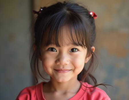 A young girl from Thailand beams with a bright smile, displaying her charming innocence and warmth. The cozy indoor setting highlights her playful spirit and joyfulness.