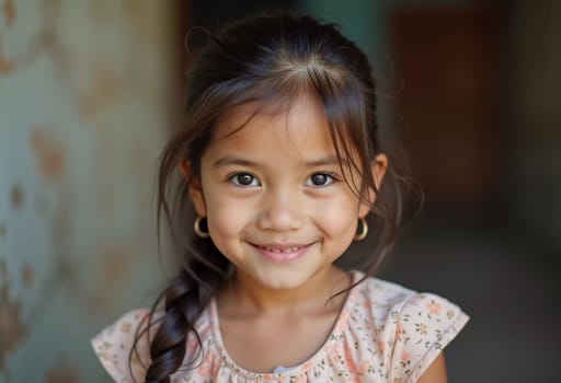 A young girl in Thailand beams with delight, showing her excitement and joy. Her braided hair and floral outfit enhance her warm smile, capturing a playful moment in her day.
