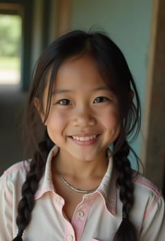 A cheerful girl with braided hair stands in a rustic setting in Thailand, smiling brightly. Sunlight illuminates her joyful expression as she enjoys the moment.